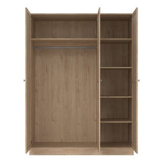 The CHOICEWARDROBE Burbank 147cm 3 Door Wooden Wardrobe in Hickory Oak Finish offers a hanging rail with spacious storage and shelving for organized clothing and accessories.