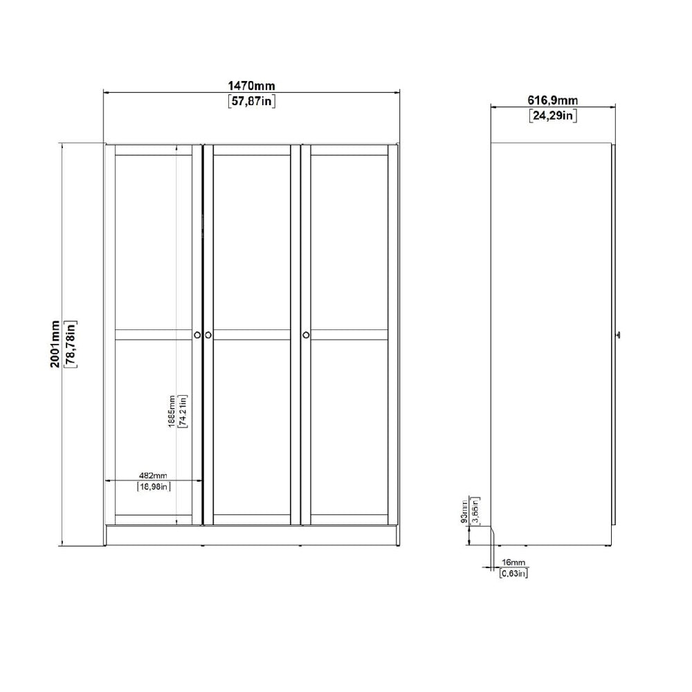 Technical drawing of CHOICEWARDROBE Burbank 147cm 3 door wardrobe in Hickory Oak, showing dimensions 2001mm high x 1470mm wide x 616.9mm deep.