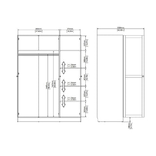 Technical drawing of the CHOICEWARDROBE Burbank 147cm 3 Door Wooden Wardrobe in Hickory Oak finish, with front and side views. Dimensions in mm/inch include compartment heights, widths, shelves, and hanging rail positions.