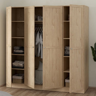 The CHOICEWARDROBE Burbank 195cm 4 Door Wooden Wardrobe in Hickory Oak Finish is shown open, displaying its hanging rail, adjustable shelves with shirts, baskets, and folded clothes. It stands on a wooden floor beside a leafy green plant.