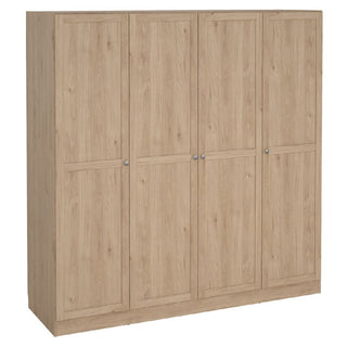 The CHOICEWARDROBE Burbank 195cm 4 Door Wooden Wardrobe in hickory oak finish features a hanging rail, adjustable shelves, light natural look, simple panels, round metal knobs, and a flat base—functional for any room.