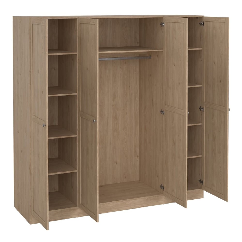 CHOICEWARDROBE Burbank 4 Door Wooden Wardrobe Natural Oak, open view with hanging rail and shelves