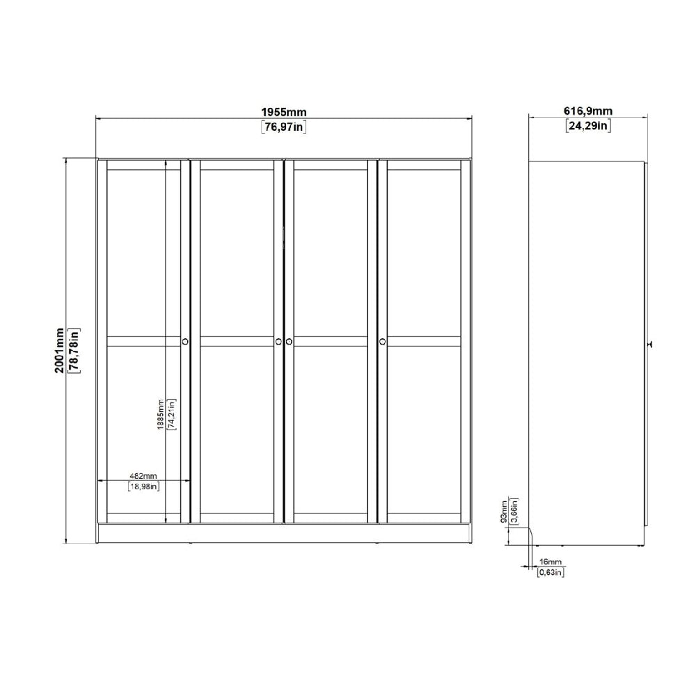 Technical drawing of CHOICEWARDROBE Burbank 195cm 4 door wardrobe with dimensions.