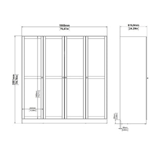 Technical drawing of the CHOICEWARDROBE Burbank 195cm 4 Door Wooden Wardrobe in Hickory Oak: 1955mm wide, 2050mm high, 616.9mm deep, doors are 1422mm tall. Includes hanging rail and adjustable shelves; side and front views shown.