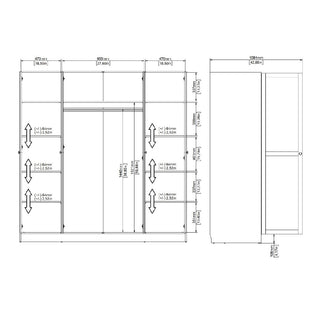 Technical drawing of the CHOICEWARDROBE Burbank 195cm 4 Door Wooden Wardrobe—Hickory Oak Finish, with hanging rail and adjustable shelves. Dimensions: 970mm wide, 1950mm high, 470mm deep. Compartments labeled with measurements and spacing arrows.