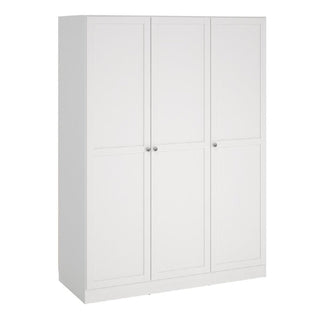 The CHOICEWARDROBE Burbank 3 Door Wooden Wardrobe in a white finish features a minimalist modern design with flat panels, small round handles, hanging rail, and shelves, shown on a white background.