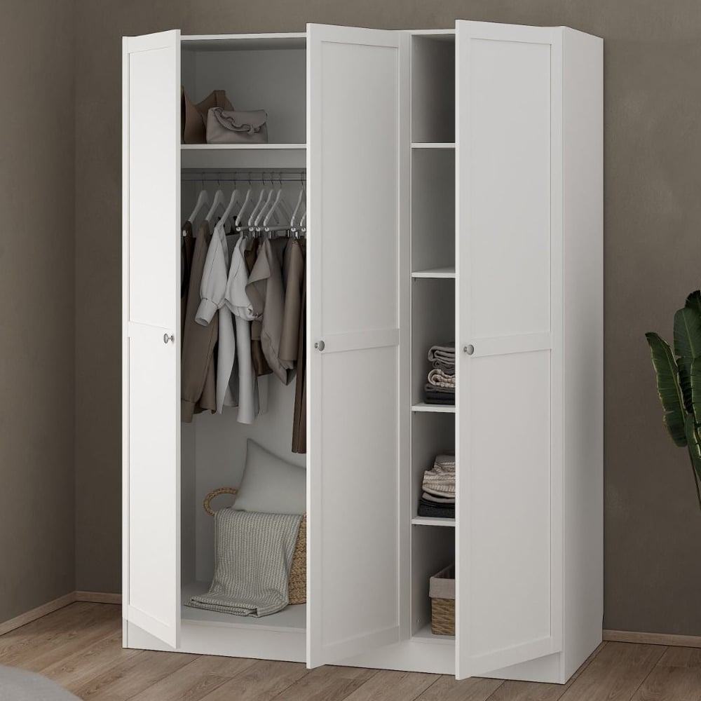 CHOICEWARDROBE Burbank 3 door white wooden wardrobe open showing hanging rail and shelves