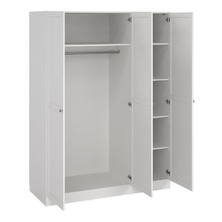 The CHOICEWARDROBE Burbank 3 Door Wooden Wardrobe in white has a minimalist design, with left and center hanging rails and five right-side shelves. All doors are open, showcasing its spacious, empty storage interior.