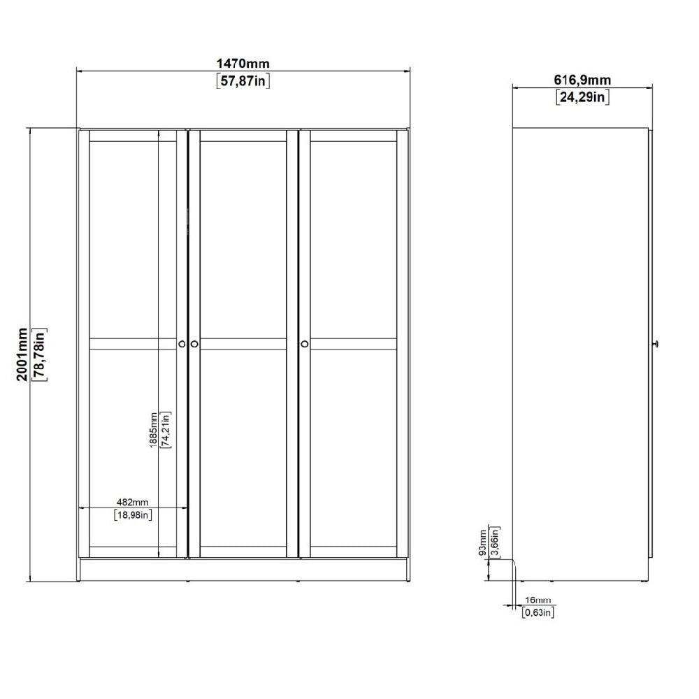 Technical line drawing of a 3 door white wardrobe with dimensions: 2001mm H x 1470mm W x 616.9mm D.