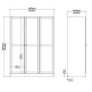 Technical line drawing of the CHOICEWARDROBE Burbank 3 Door Wooden Wardrobe in white, showing its minimalist modern design with hanging rail and shelves. Dimensions: 2001mm (H) x 1470mm (W) x 616.9mm (D); each door is 489mm wide with labeled details.