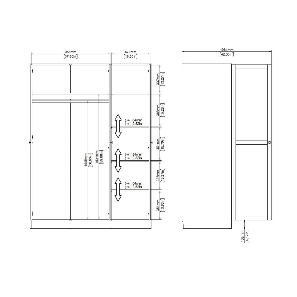 CHOICEWARDROBE 3 door white finish wardrobe technical drawing with dimensions