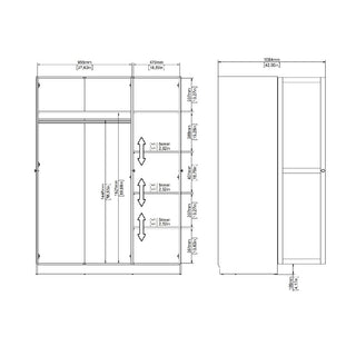 Technical drawing of the CHOICEWARDROBE Burbank 3 Door Wooden Wardrobe—White Finish, with front and side views showing measurements in mm and inches for width, height, shelves, and compartments—perfect for planning your minimalist modern setup.