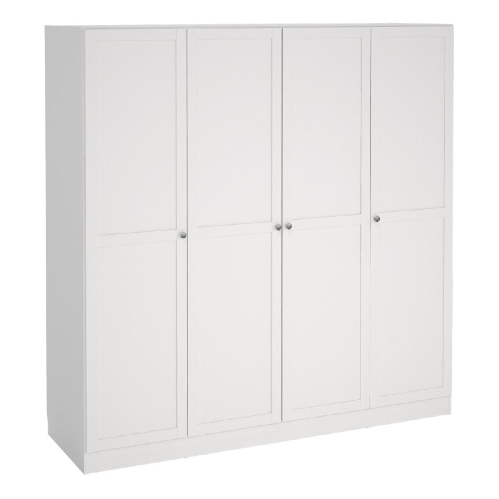 White 4-door Shaker style wooden wardrobe with panelled doors and round metal knobs