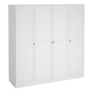 The CHOICEWARDROBE Burbank 4 Door Panelled Wooden Wardrobe in white features a classic shaker style with smooth flat panels, four doors with round metal knobs, a hanging rail, and storage shelves for a simple and modern look.