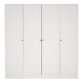 The CHOICEWARDROBE Burbank 4 Door Panelled Wooden Wardrobe in white features a classic shaker style, small round knobs, a hanging rail, and storage shelves—offering ample storage and elegance against any plain background.