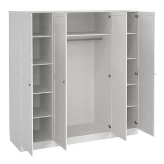 The CHOICEWARDROBE Burbank 4 Door Panelled Wooden Wardrobe in a white shaker style stands open, displaying storage shelves on either side and a central hanging rail. It is empty and set against a plain white background.