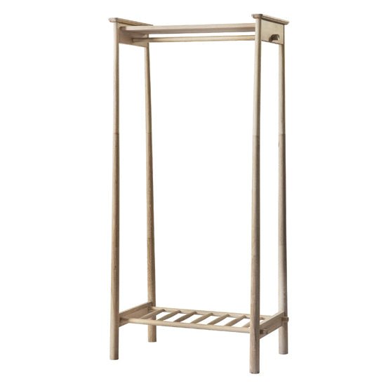 CHOICEWARDROBE Burbank open wooden wardrobe with hanging rail and slatted shelf in oak finish.
