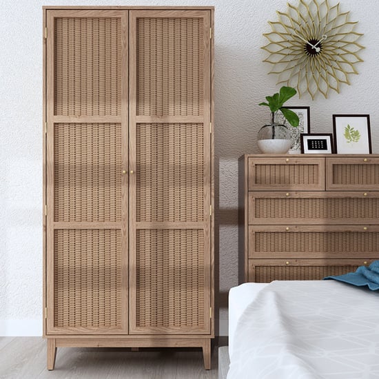 CHOICEWARDROBE Burdon 85cm rustic oak 2-door wardrobe with rattan-front panels