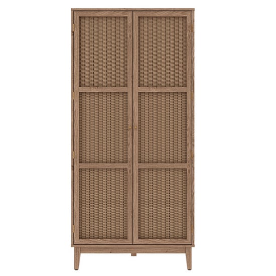 CHOICEWARDROBE Burdon 85cm rustic oak 2-door wardrobe with woven rattan panels and gold handles.