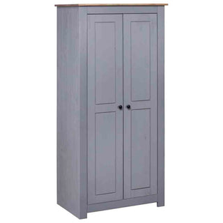 The CHOICEWARDROBE Bury 2 Door Wooden Wardrobe features an 80cm grey finish, classic panelled doors, a stylish oak top, compact design, hanging rail, and offers modern bedroom storage.