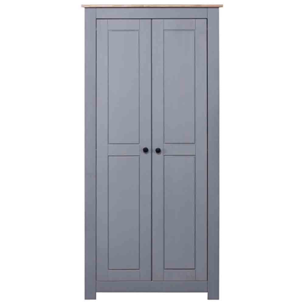 CHOICEWARDROBE Bury compact grey 2-door wooden wardrobe with oak top, black handles.