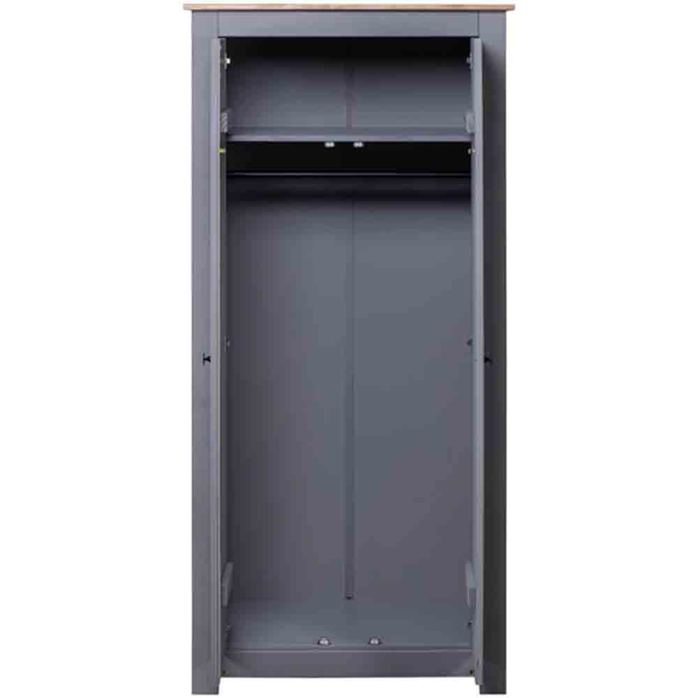 Grey 2-door wooden wardrobe with oak top open, showing hanging rail and shelf.