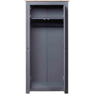 The CHOICEWARDROBE Bury 2 Door Wooden Wardrobe in Grey features a compact classic design with an oak top, a hanging rail, and panel detailing—ideal for stylish bedroom storage. Interior includes shelf near the top and ample space for clothes.