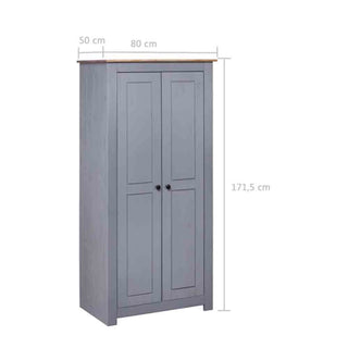 The CHOICEWARDROBE Bury 2 Door Wooden Wardrobe in grey features an 80cm width, classic panel design, oak top, black knobs, and hanging rail—ideal bedroom storage at 171.5cm high and 50cm deep. Dimensions shown in the image.
