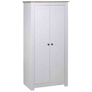 The CHOICEWARDROBE Bury 2 Door Wooden Wardrobe features a classic white and oak effect finish, hanging rail, storage shelf, and stylish black round handles—offering a simple and functional bedroom storage solution.