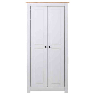 The CHOICEWARDROBE Bury 2 Door Wooden Wardrobe (80cm, White & Oak Effect) features a classic design with hanging rail, storage shelf, double doors with round black handles, and a light oak top—an ideal modern bedroom storage solution.