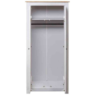 The CHOICEWARDROBE Bury 2 Door Wooden Wardrobe features a white & oak effect finish, classic design with hanging rail and storage shelf, making it an ideal bedroom storage solution. Measures 80cm wide.