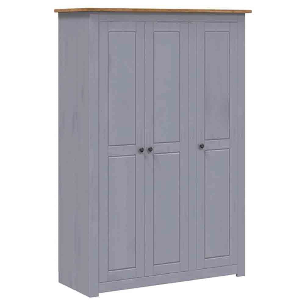 CHOICEWARDROBE Bury 3 door grey wooden wardrobe with oak top, Shaker style paneled doors, black round handles.