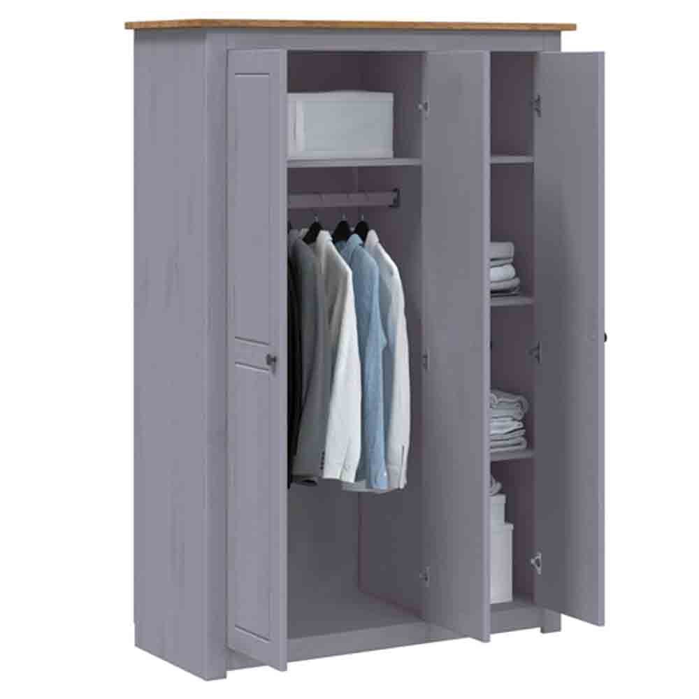 Grey 3 door wardrobe with oak top, classic Shaker style, open doors showing hanging rail and shelves.