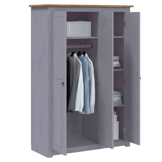 The CHOICEWARDROBE Bury 3 Door Wooden Wardrobe in grey with an oak top offers classic shaker style and spacious bedroom storage, featuring a closed-door section, hanging space with a top box, and shelves for folded clothes and storage.