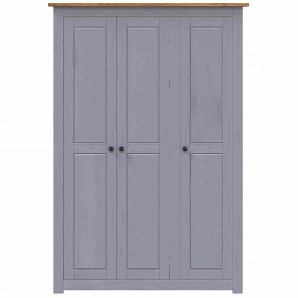 Grey 3 door Shaker style wooden wardrobe with oak top and black knobs