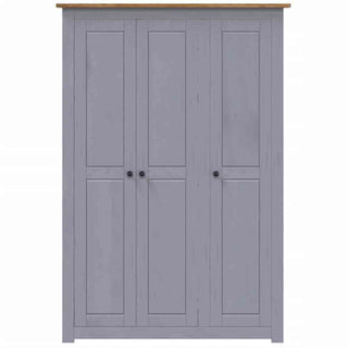 The CHOICEWARDROBE Bury 3 Door Wooden Wardrobe in grey with an oak top features classic Shaker style, flat panel doors, four round black knobs, and spacious bedroom storage for a simple, modern look.