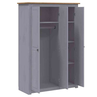 The CHOICEWARDROBE Bury 3 Door Wooden Wardrobe in grey with an oak top offers classic Shaker style, a hanging rail and open space on the left, four right-side shelves, and spacious bedroom storage.