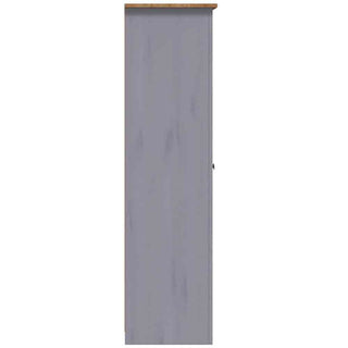 A side view of the CHOICEWARDROBE Bury 3 Door Wooden Wardrobe in grey with an oak top, crafted from solid pine. Its tall, narrow Shaker-style design includes a small metal knob partially visible on the right edge.