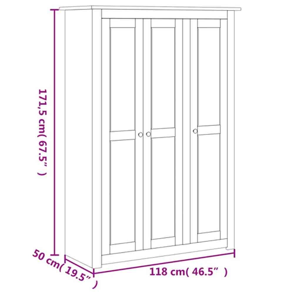 Line drawing of CHOICEWARDROBE Bury 3 Door Grey Wooden Wardrobe with Oak Top, 171.5cm H x 118cm W x 50cm D.