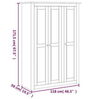 Line drawing of the CHOICEWARDROBE Bury 3 Door Wooden Wardrobe in grey with oak top, classic Shaker style. Solid pine. Dimensions: 171.5 cm high, 50 cm deep, and 118 cm wide for spacious bedroom storage.