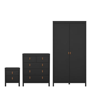The CHOICEWARDROBE Butler 3 Piece Set in black features a 2-door wardrobe, chest of drawers, and bedside table—all with modern leather-style handles and a sleek design to suit any bedroom.