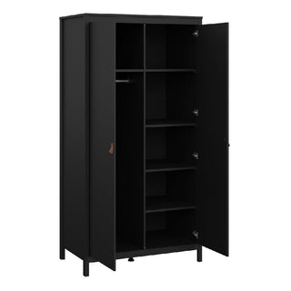 The CHOICEWARDROBE Butler 2 door wardrobe in this black 3 piece bedroom set features multiple right shelves, a left hanging rail with two shelves, modern leather-style handles, and stands on four legs.