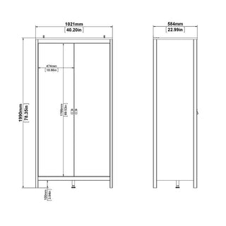 Black and white technical drawing of the CHOICEWARDROBE Butler 2 Door Wardrobe, showing front and side views. Dimensions: height 1980mm (78"), width 1021mm (40"), depth 584mm (23"). Modern design with leather-style handles in black.