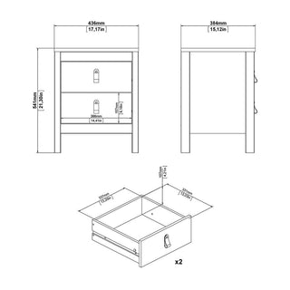 Black and white technical drawing of the CHOICEWARDROBE Butler 3 Piece Bedroom Furniture Set in black, showing the bedside table with drawer from multiple angles, including dimensions in mm/inches; drawer is shown twice in bottom view.