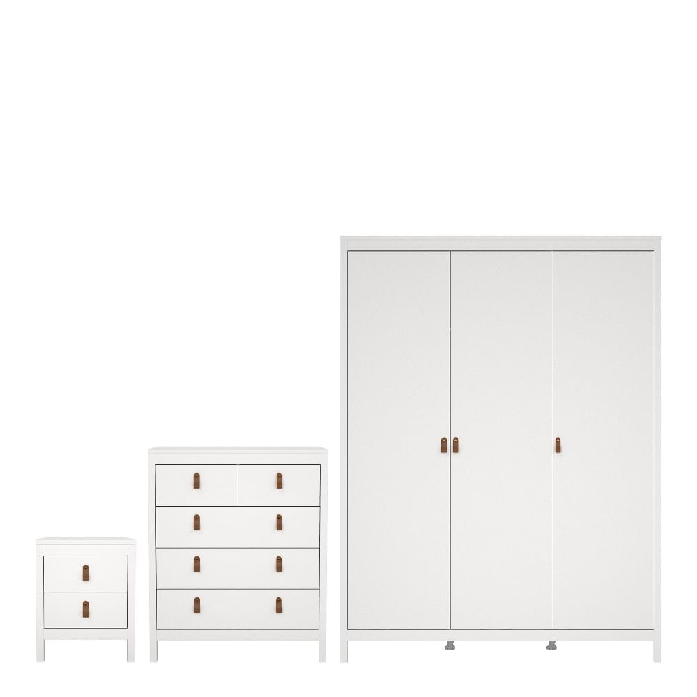 CHOICEWARDROBE 3 piece white wooden bedroom set: 3 door wardrobe, 4 drawer chest, 2 drawer bedside cabinet with leather handles.