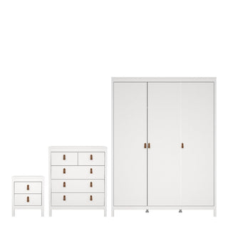 The CHOICEWARDROBE Butler White Wooden Bedroom Set includes a 3-door wardrobe, a 4-drawer chest, and a 2-drawer bedside cabinet, each featuring stylish leather handles.