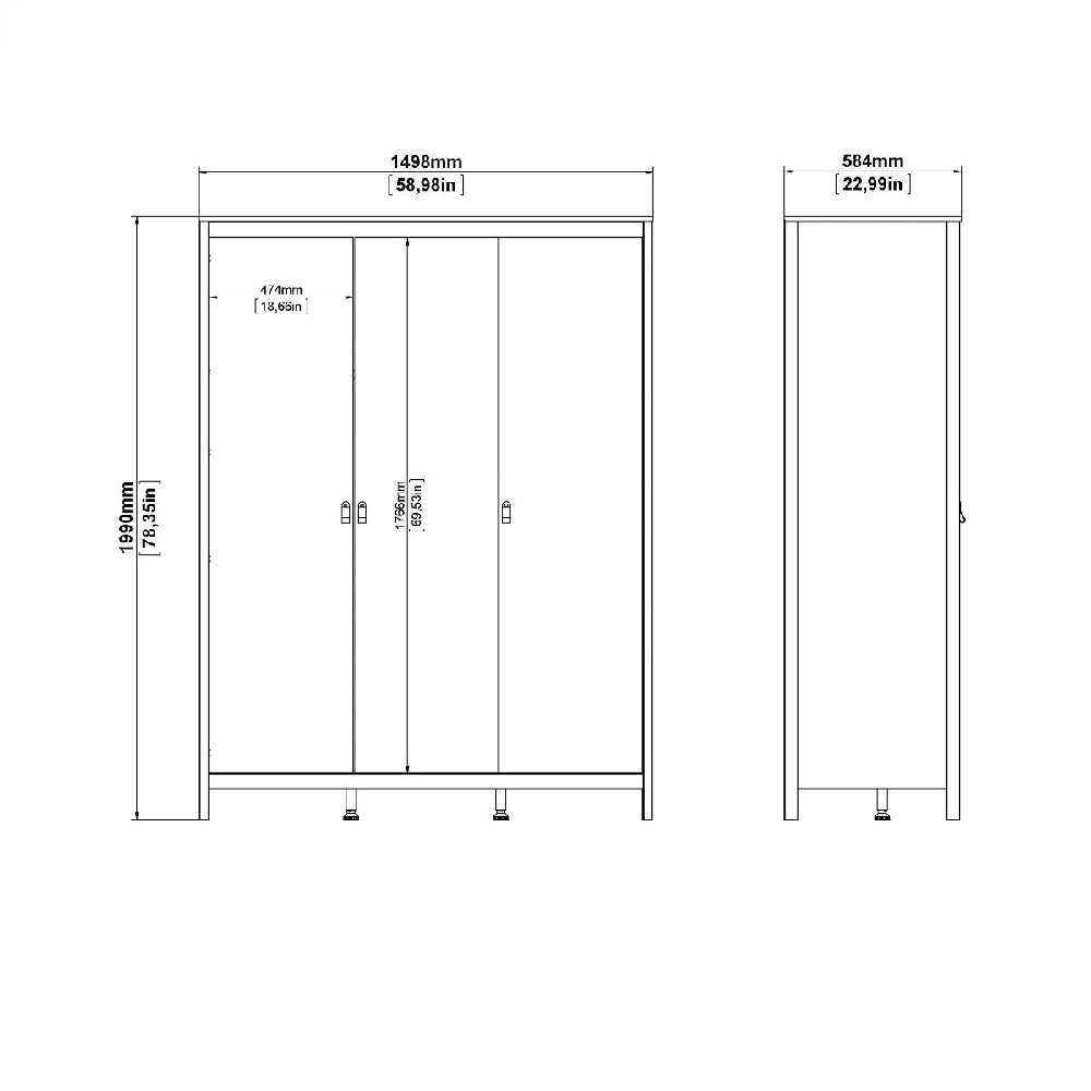 CHOICEWARDROBE White 3 Door Wardrobe technical drawing with dimensions 1498mm W x 584mm D x 1990mm H.