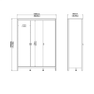 Technical drawing of the CHOICEWARDROBE Butler White 3 Door Wardrobe, part of a 3 Piece Bedroom Set, showing front and side views with dimensions: 1498mm (W), 584mm (D), 1495mm (H). Each door is 474mm wide.
