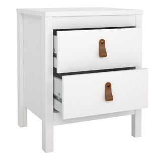The CHOICEWARDROBE Butler White Wooden Bedroom Set includes a 2-drawer bedside cabinet with brown leather handles, four straight legs, and a simple, modern design as part of its 3-piece collection.