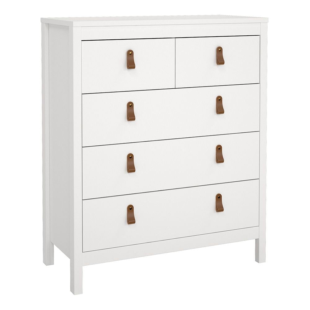 White 4-drawer chest with brown leather pull handles, modern bedroom furniture by Choice Wardrobe.